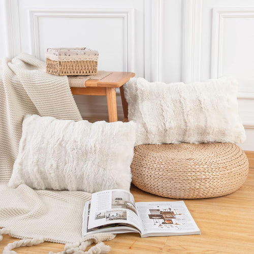 Pack of 2 Thick Plush Wool Throw Pillow Covers 12x20 Inch Cream Soft Decorative Cushion Cover for Sofa Bedroom Pillow Shell
