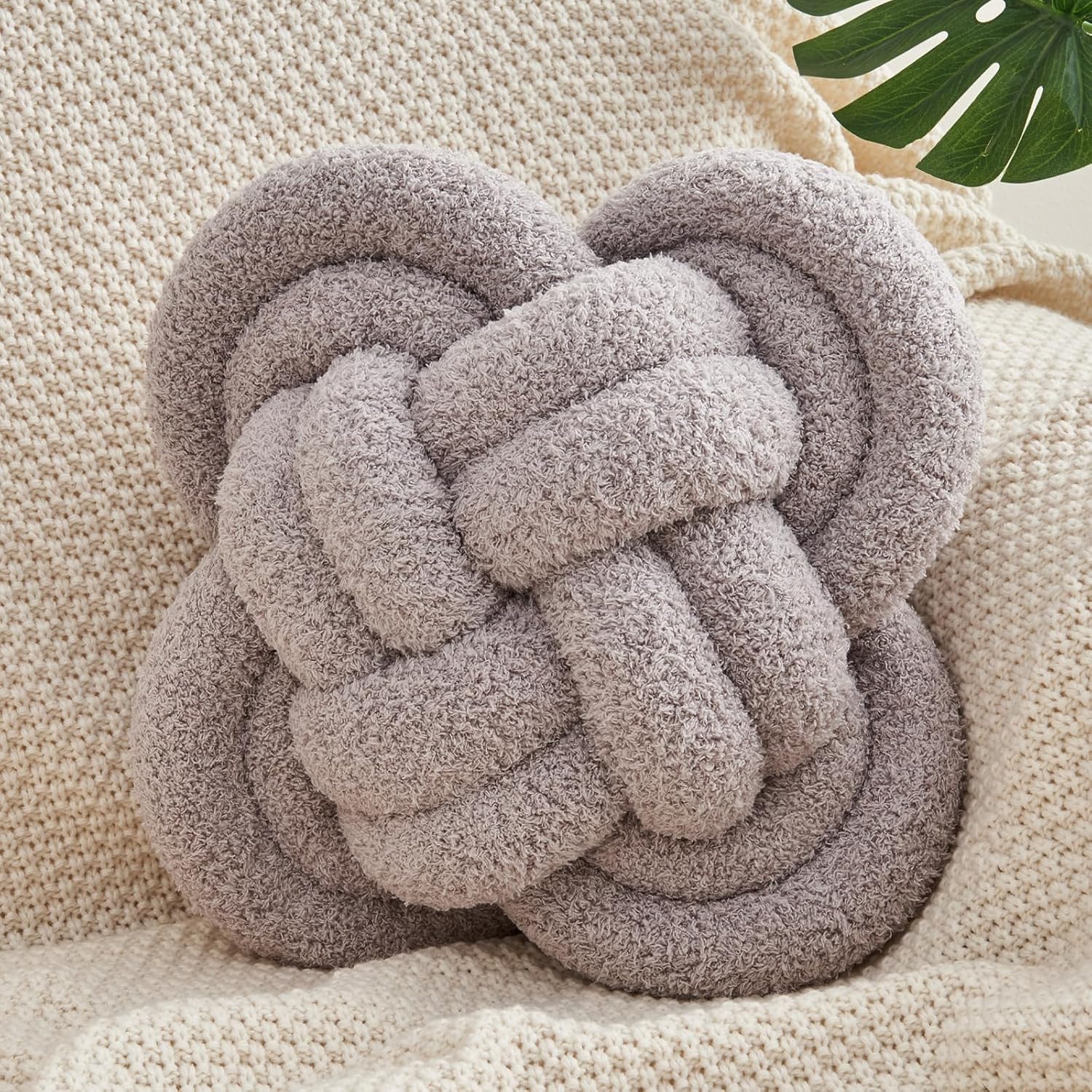 Knot Pillow Ball, 12" Soft Decorative Throw Pillows for Couch Bed, Grey Knotted Plush Throw Pillow Handmade Square Cushion Home Couch Decor Pillows for Living Room